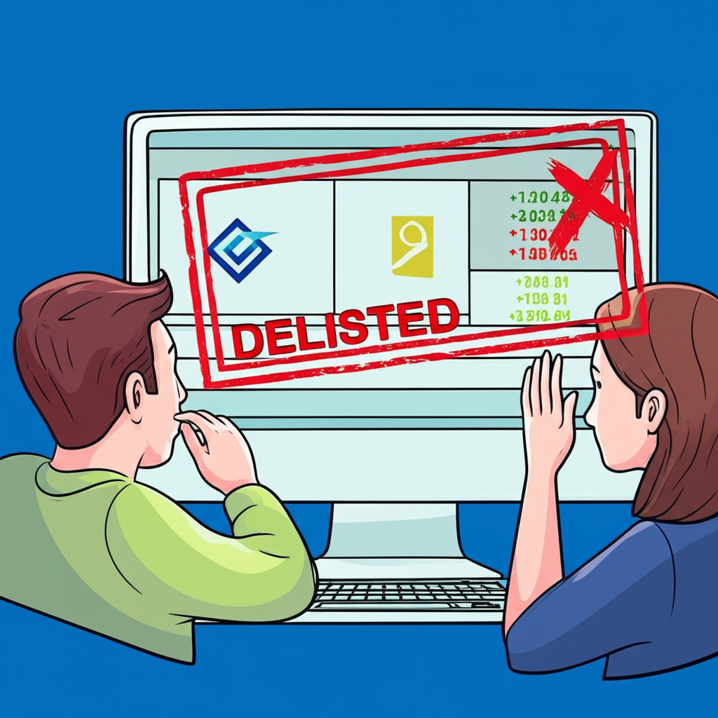 股票下市交易畫面與投資人困惑的插圖，標示退市印章