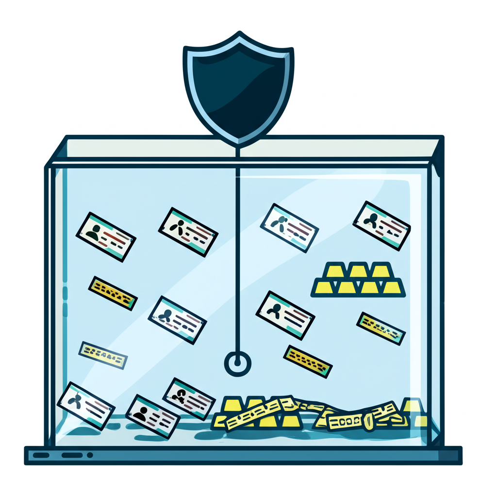 風格化的 ETF 基金插圖,如透明盒子內充滿多元資產如小型股票、債券和金條,全連結至中央指數線,並有盾牌圖示代表風險分散