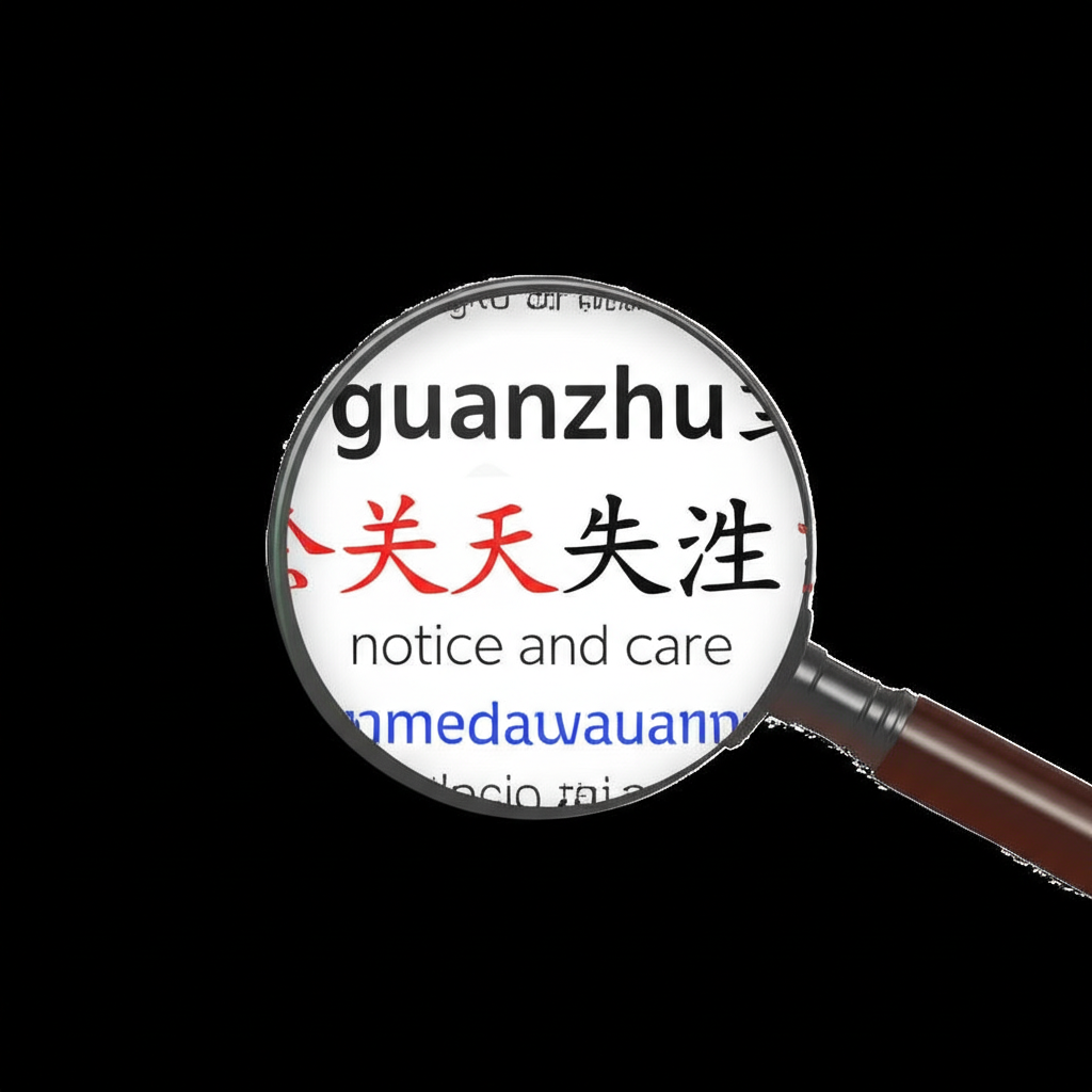 放大鏡聚焦「關」與「注」字結合成「關注」,象徵注意與關懷的字典定義,以及對主題的深入持續心智投入插畫