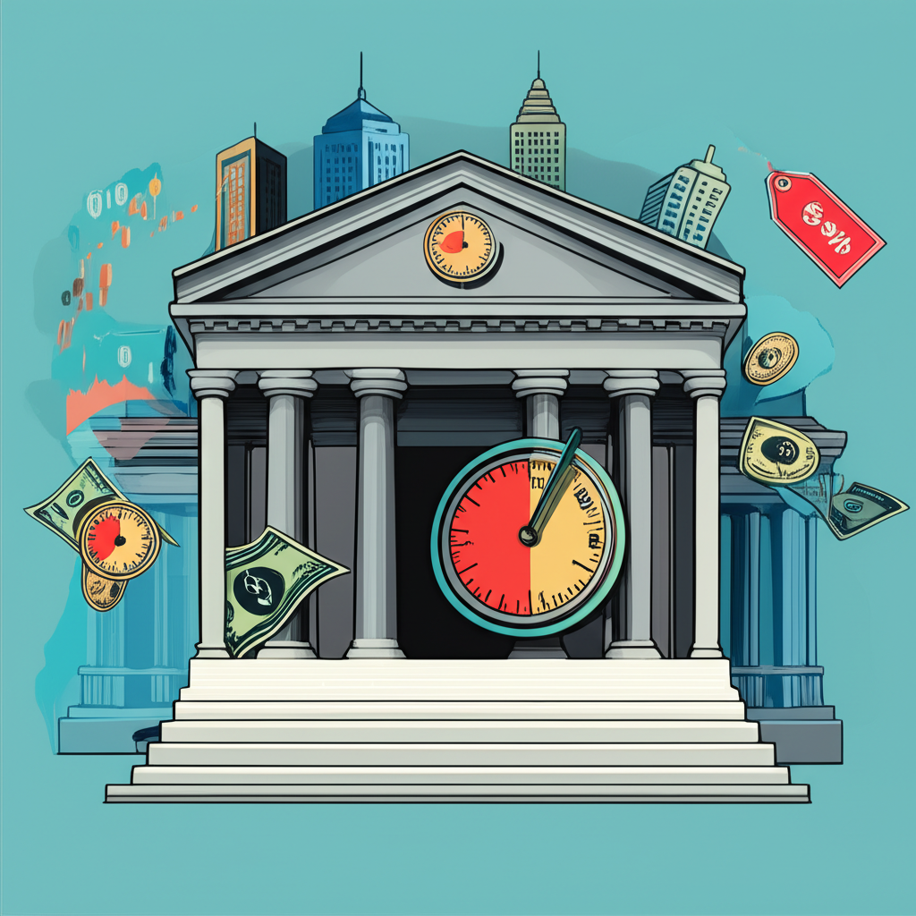 央行建築與利率撥盤,資金流向股市圖表伴隨通膨價格上漲與經濟成長城市天際線