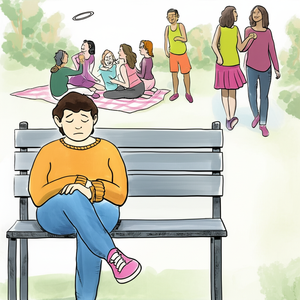 一個人感覺被排除在外,周圍他人快樂互動與享受活動的插圖