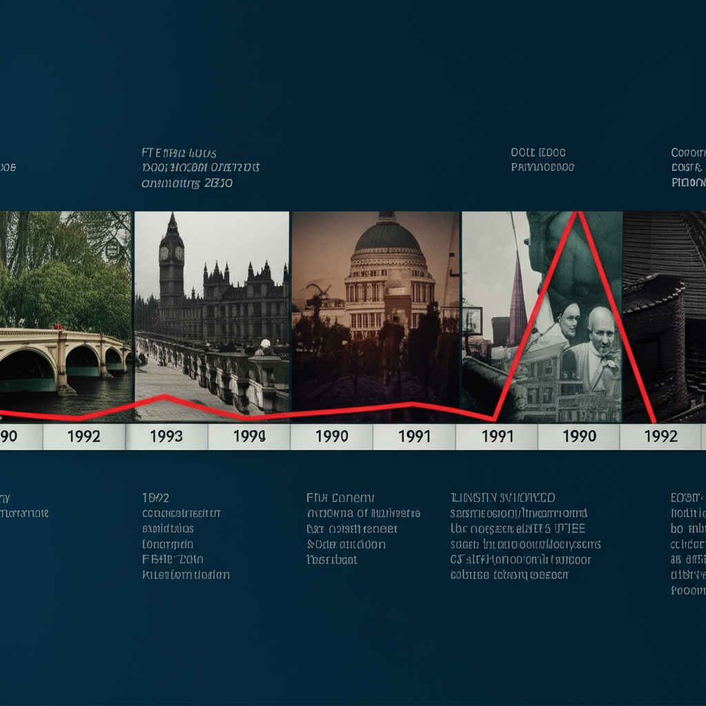 英國經濟歷史事件時間軸與FTSE 250指數表現圖表插圖，反映經濟韌性與轉型