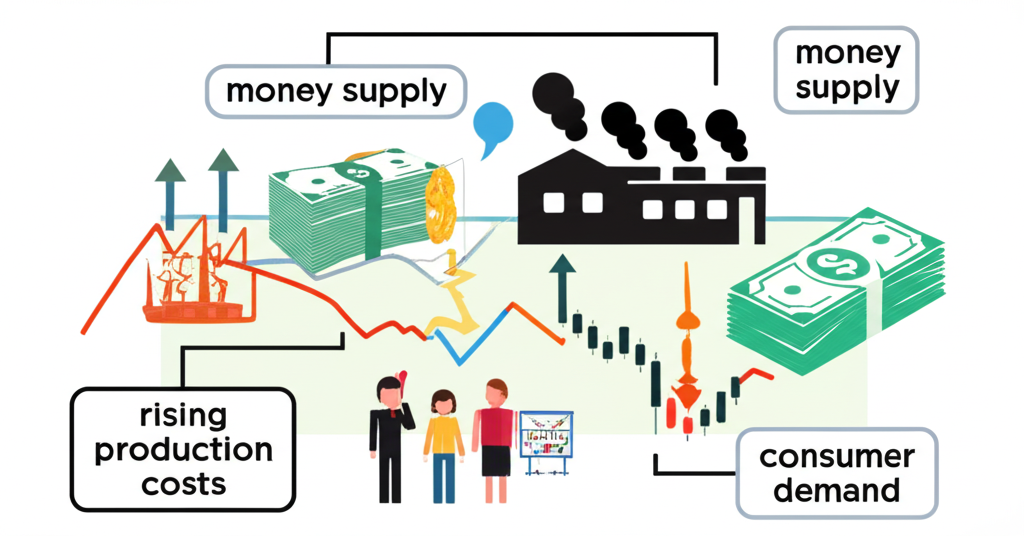 經濟力量交織影響股市的複雜圖示