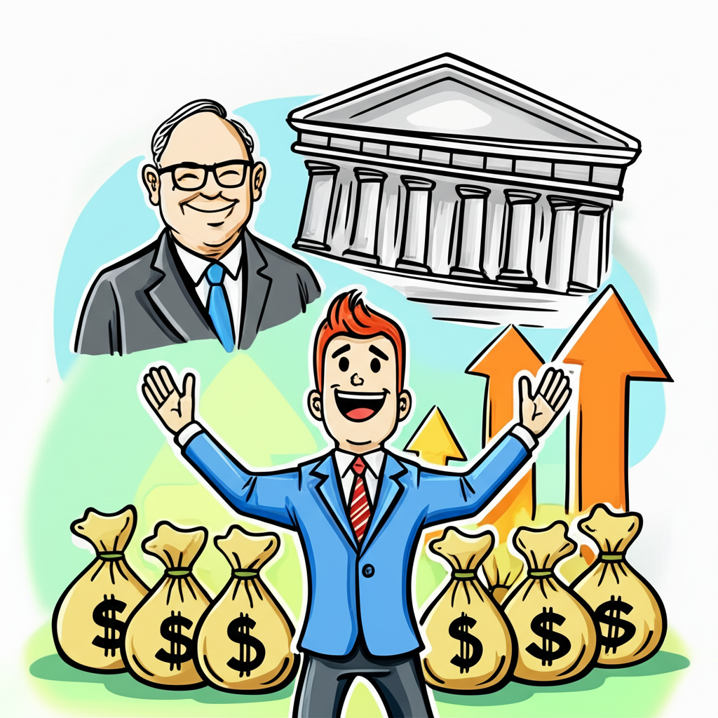 快樂商人周圍有錢袋與上升箭頭,象徵低融資成本與增加消費,背景有微笑央行官員