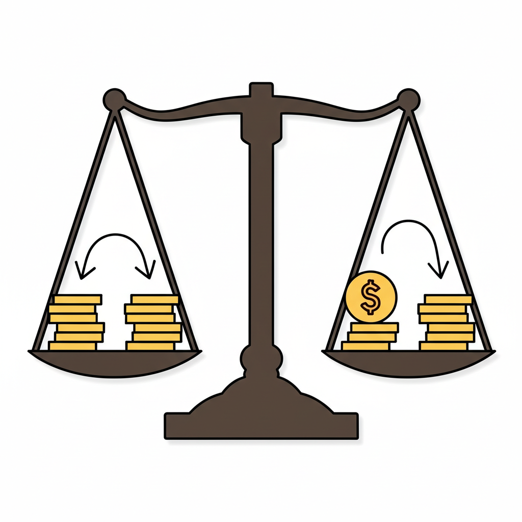 金錢時間價值概念的插圖,顯示不同時間點的現金流折現回現值,一個天平平衡未來回報與初始投資,插圖風格