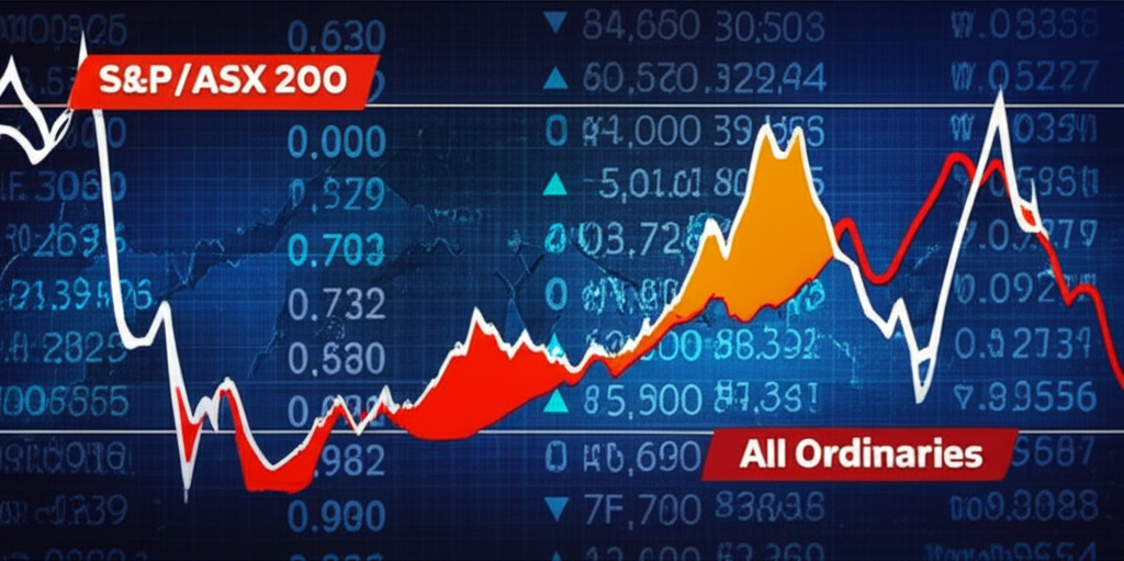兩個不同股票市場圖表插圖，代表S&P/ASX 200和All Ordinaries指數，背景有抽象財務數據與公司符號