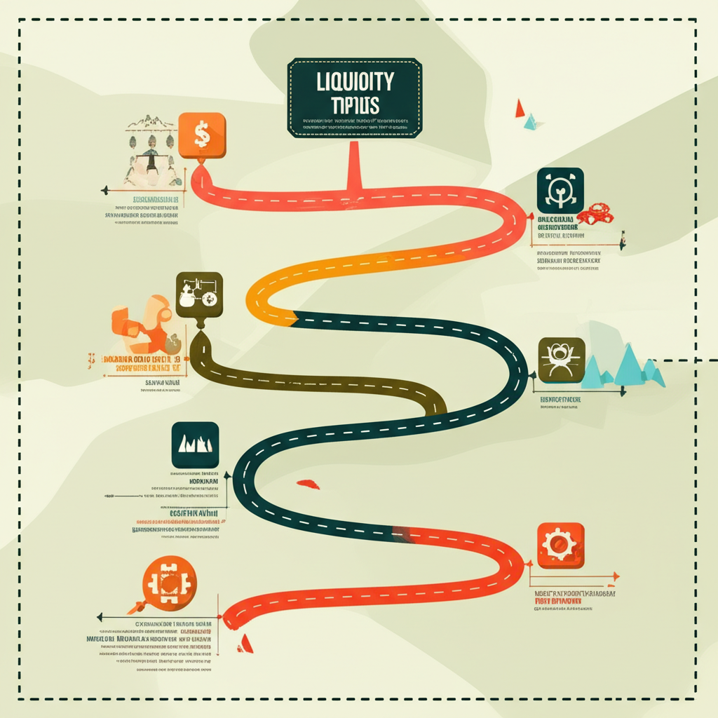 An illustration of a stylized guide or map with different paths representing liquidity types market performance risks and management strategies leading to a wise decision point