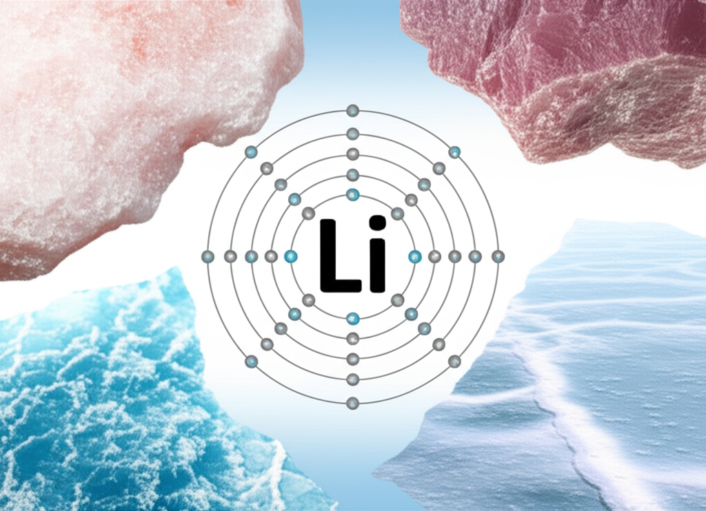 鋰元素 Li 與原子結構,周圍環繞鋰輝石岩石與鹽湖鹵水等不同礦物形式,代表其基本特性與多樣自然存在