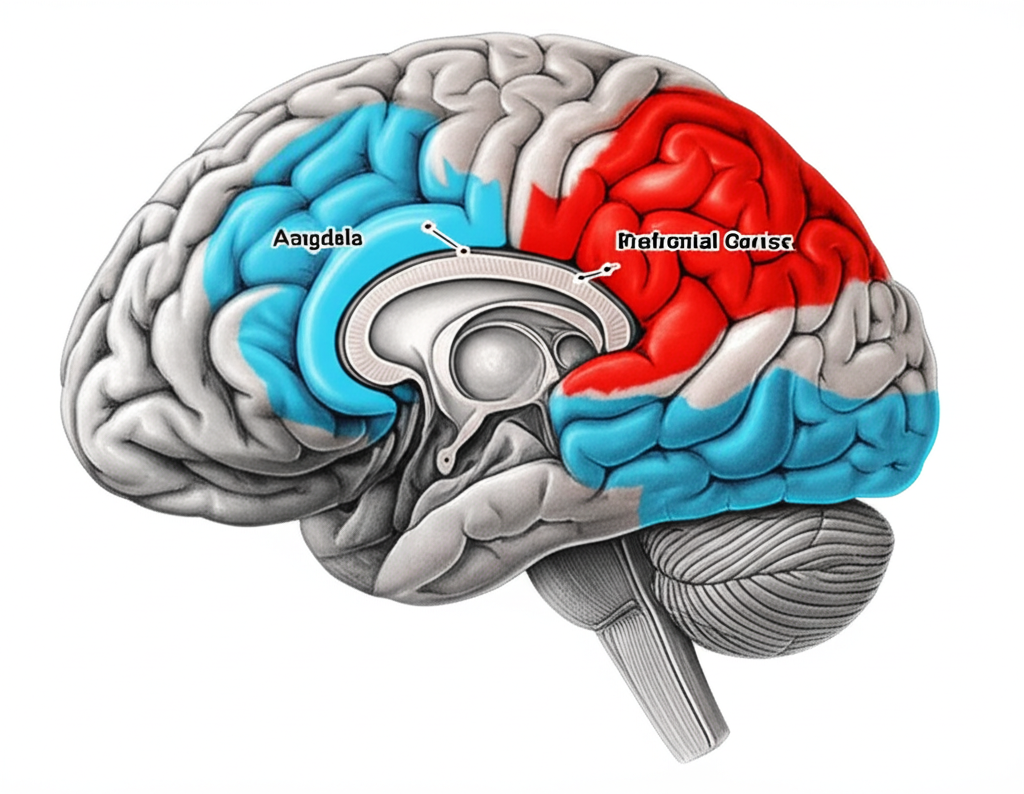 大腦情緒中心:杏仁核與前額葉皮質的互動,展示情緒調節機制