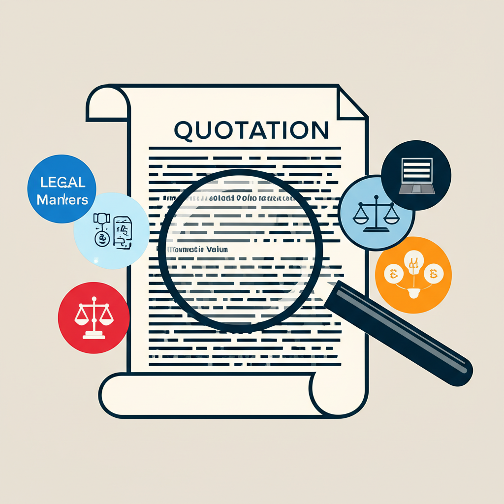 放大鏡檢查詳細報價文件,周圍有代表法律、金融市場和策略價值主張的圖標