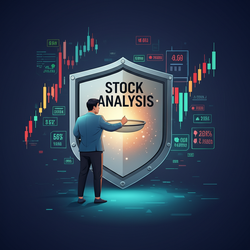 投資者自信地篩選閃耀的股票圖表,發現金光閃閃的優質股,背後有標示股票分析的堅固盾牌,象徵通往財務自由的守護