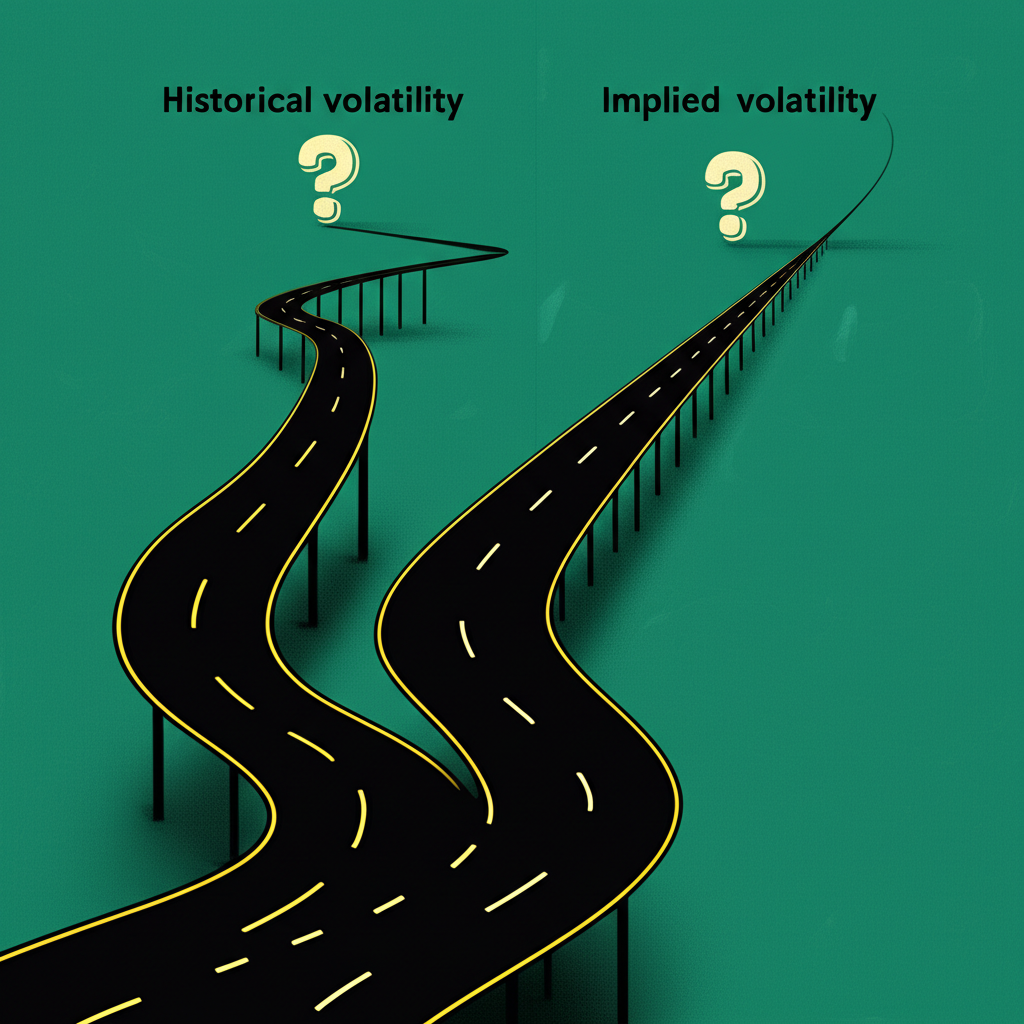 兩條不同路徑的插圖,一條標示歷史波動率審視過去資料,另一條標示隱含波動率展望未來市場預期,使用視覺隱喻呈現