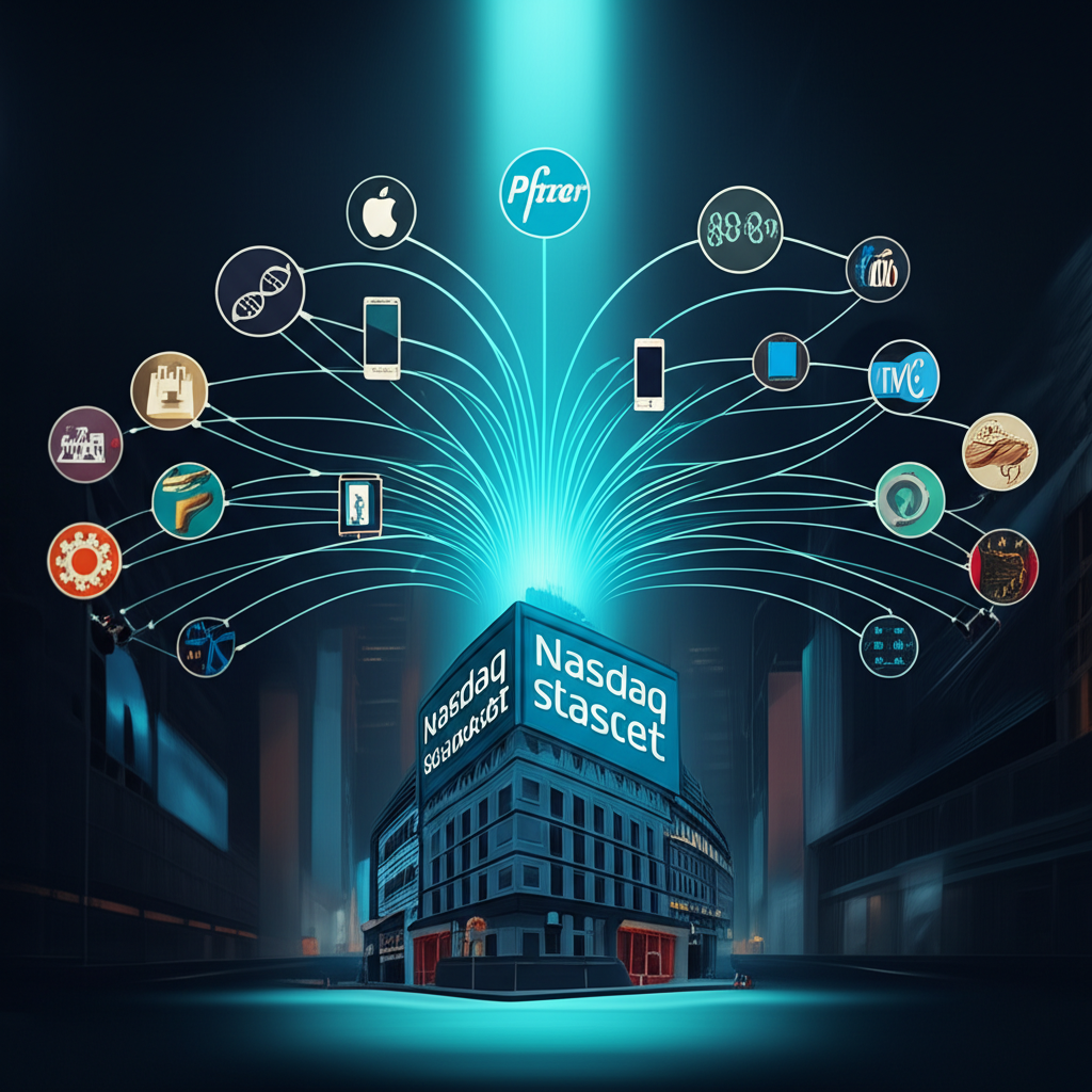 那斯達克證券交易所建築與數字線條連接的 100 家非金融巨頭公司,聚焦科技零售生物技術和工業領域
