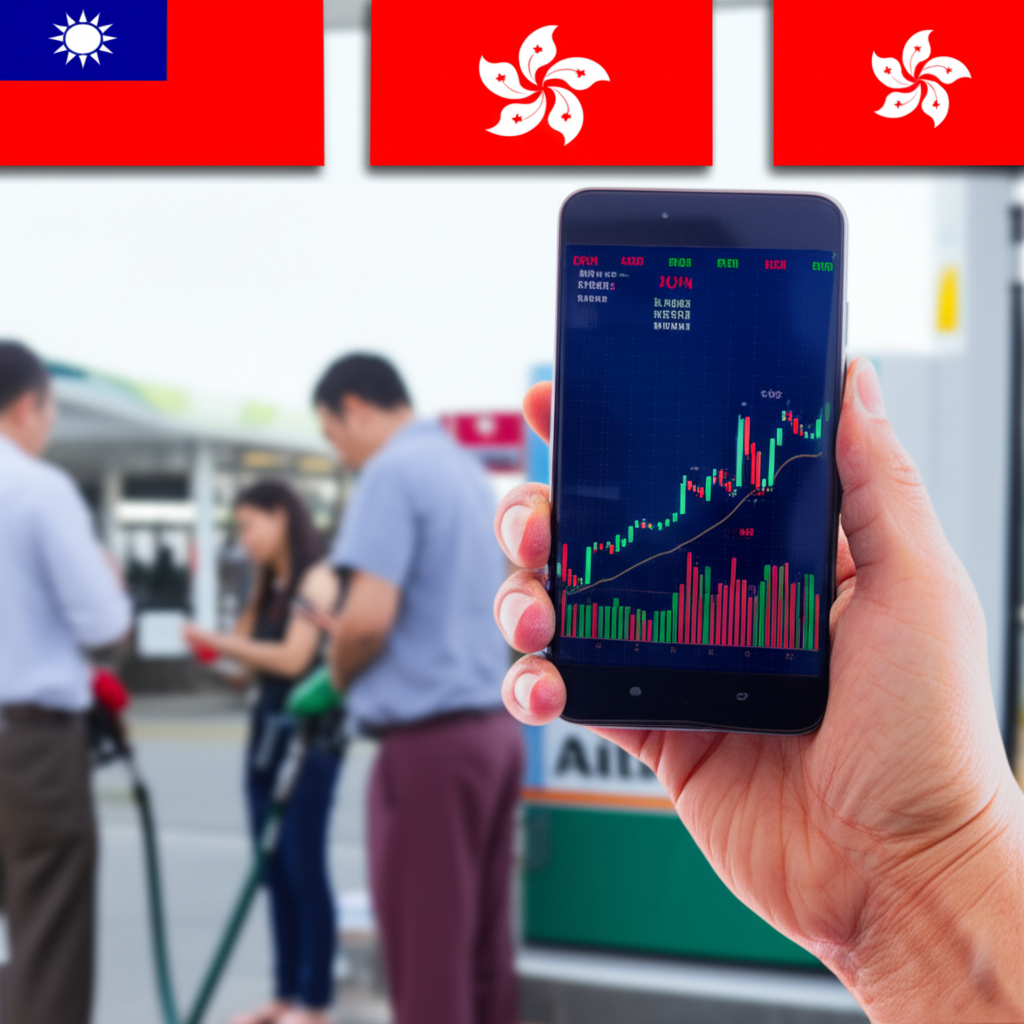 台灣與香港即時油價查詢與加油站場景的插圖