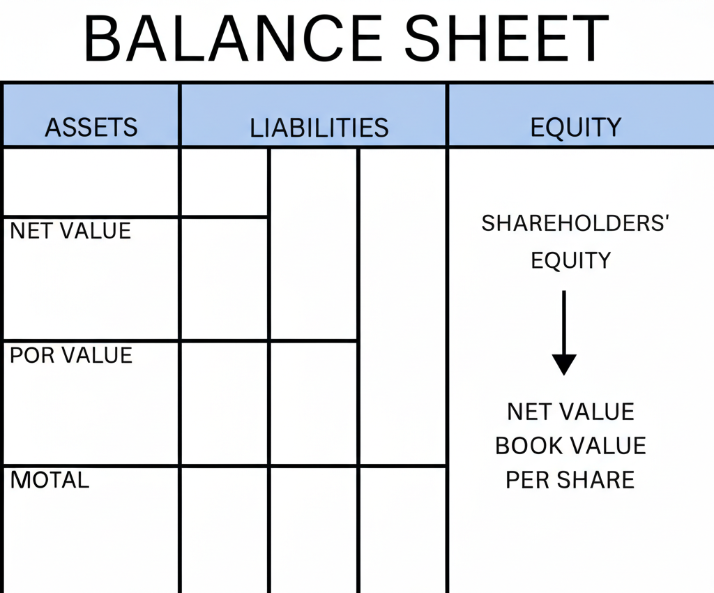 An illustration of a company balance sheet showing assets liabilities and equity with an arrow pointing to shareholders equity representing net value and book value per share