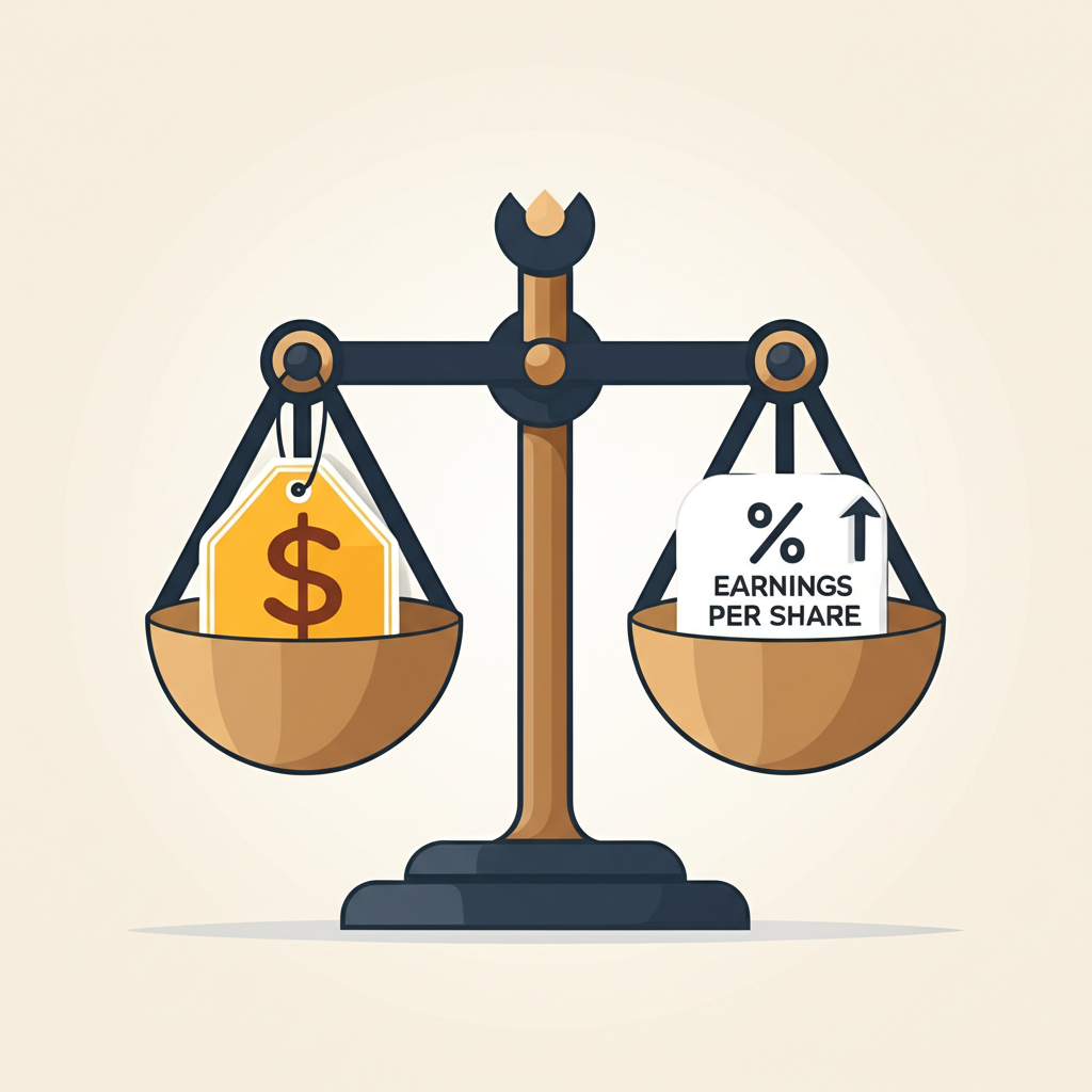 股價與每股盈餘平衡秤的插圖,象徵本益比的核心定義與股票估值