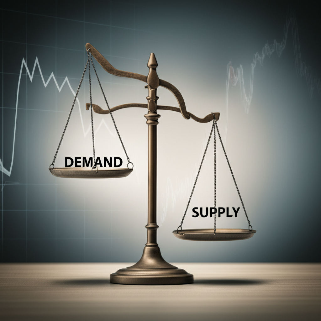 市場供需天平傾斜示意圖,從買方轉賣方,象徵趨勢反轉的早期警示