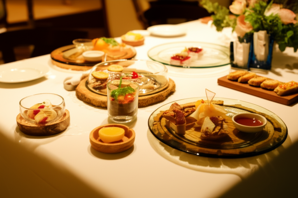 各種材質小盤子盛裝甜點、醬料與開胃菜的溫馨餐桌場景