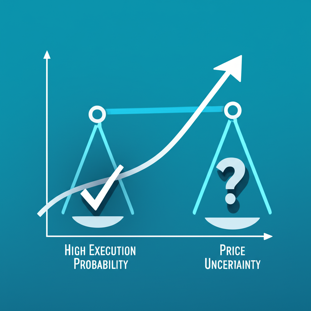 股票市場訂單以最佳可用價格即時執行的圖形表示,平衡高執行機率與價格不確定性的天平插圖