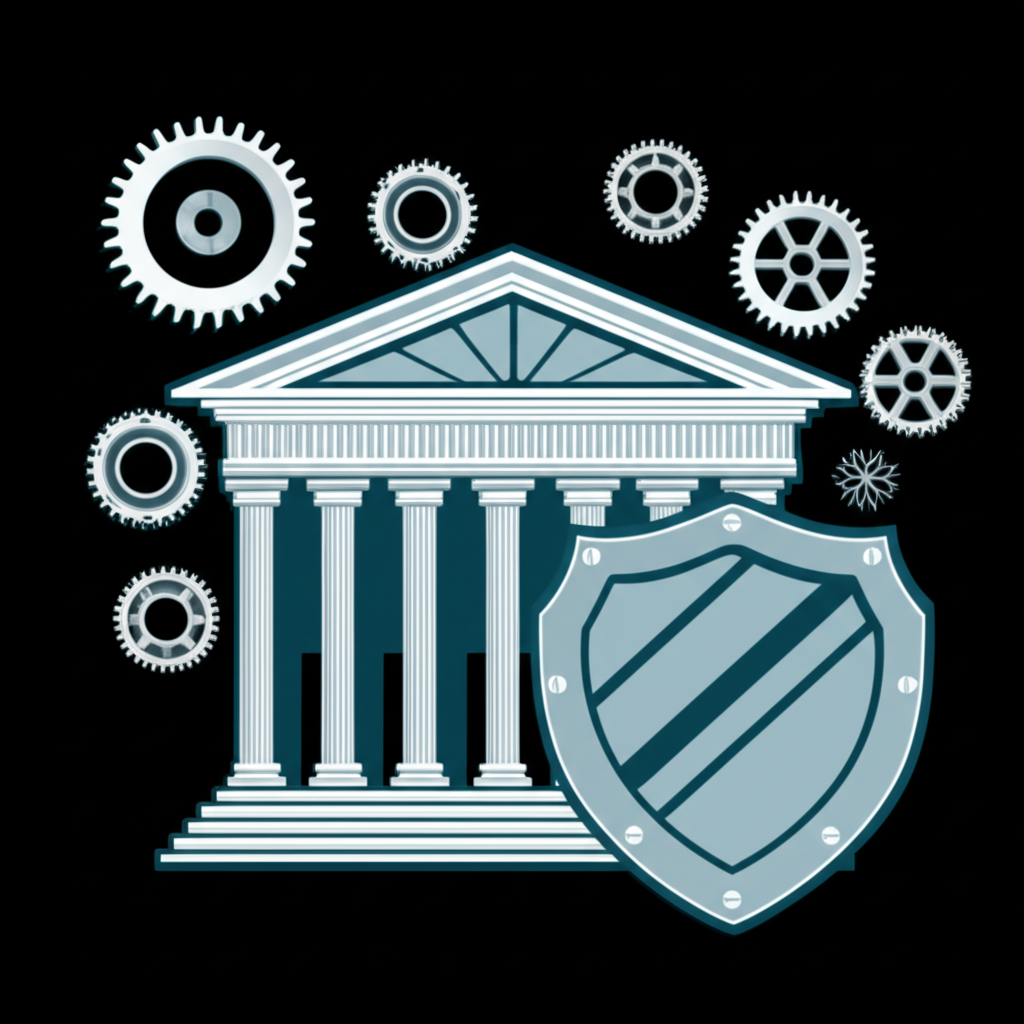 股票交易所建築物配以齒輪象徵市場穩定運作，以及盾牌保護投資人免受資訊不對稱影響的插圖