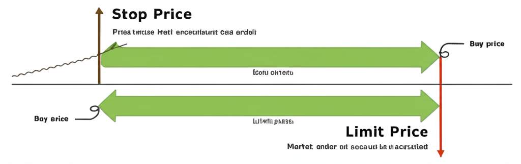 停損價與限價概念圖，顯示市場價格觸發與成交價格控制的區別