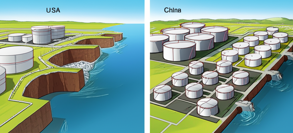 美國與中國石油儲存設施插圖，美國地下鹽穴與中國地面油罐混合，象徵全球主要能源玩家