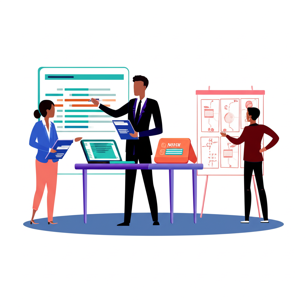 政府官員分析經濟數據、企業主制定市場策略及求職者規劃職業路徑,受行業分類圖表引導的插圖