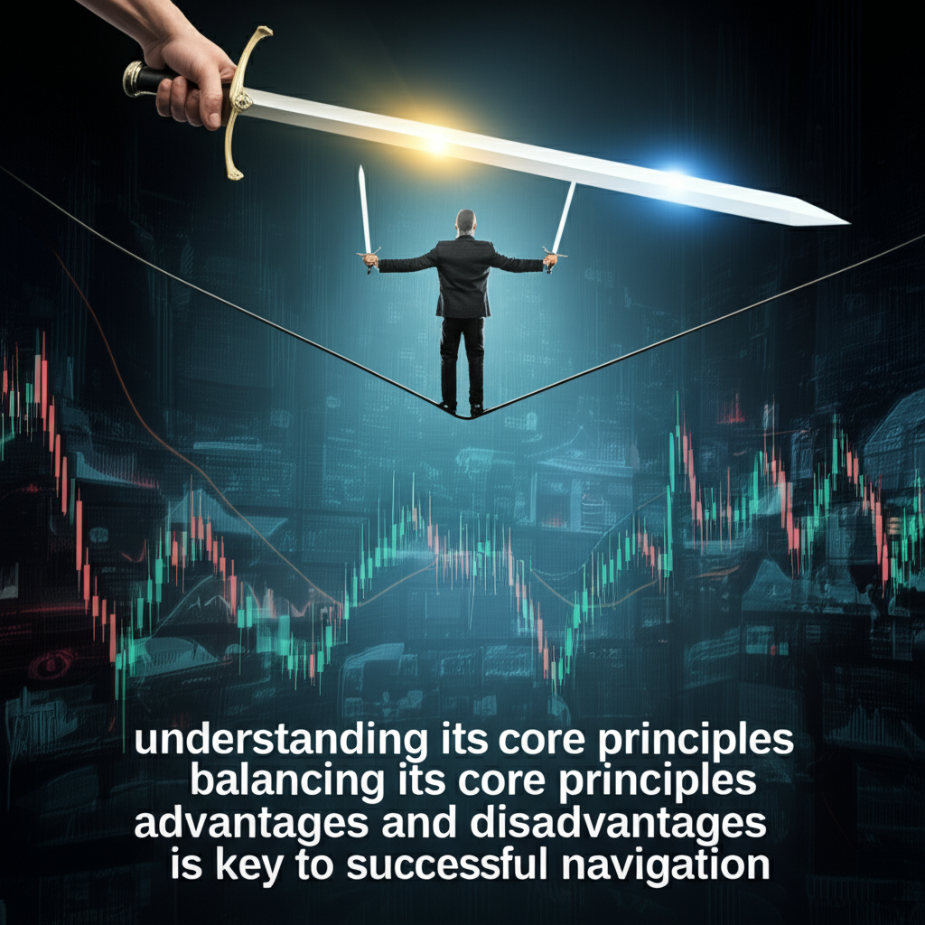 投資人手持標記為技術分析的閃耀雙刃劍，在複雜金融市場的緊繩上平衡，強調理解核心原則與優缺點的重要性