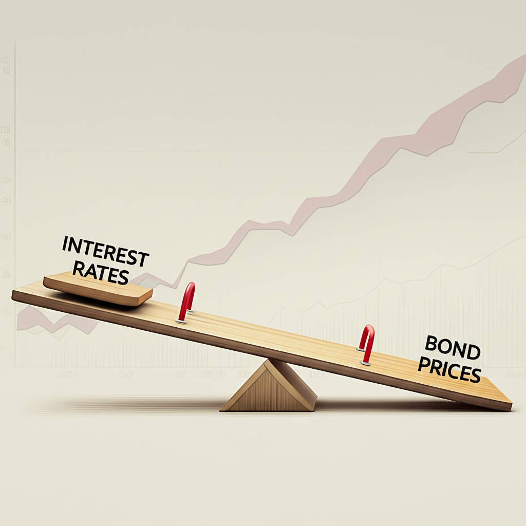 利率與債券價格天平插圖,強調存續期間與經濟週期敏感度,背景有圖表