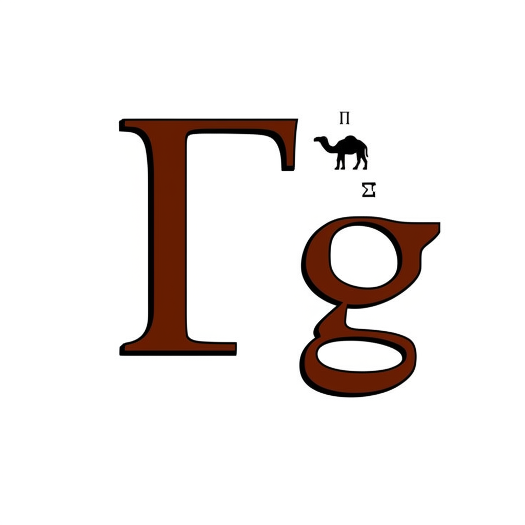 希臘字母 Gamma 大小寫形式與古代腓尼基 gimel 起源插圖,象徵駱駝駝峰