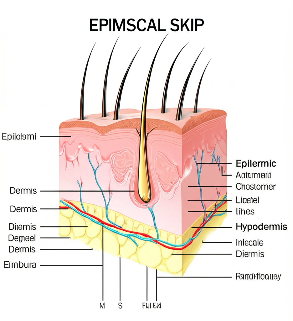 頭皮生理結構剖面圖,顯示毛囊、皮膚層和血管的細節