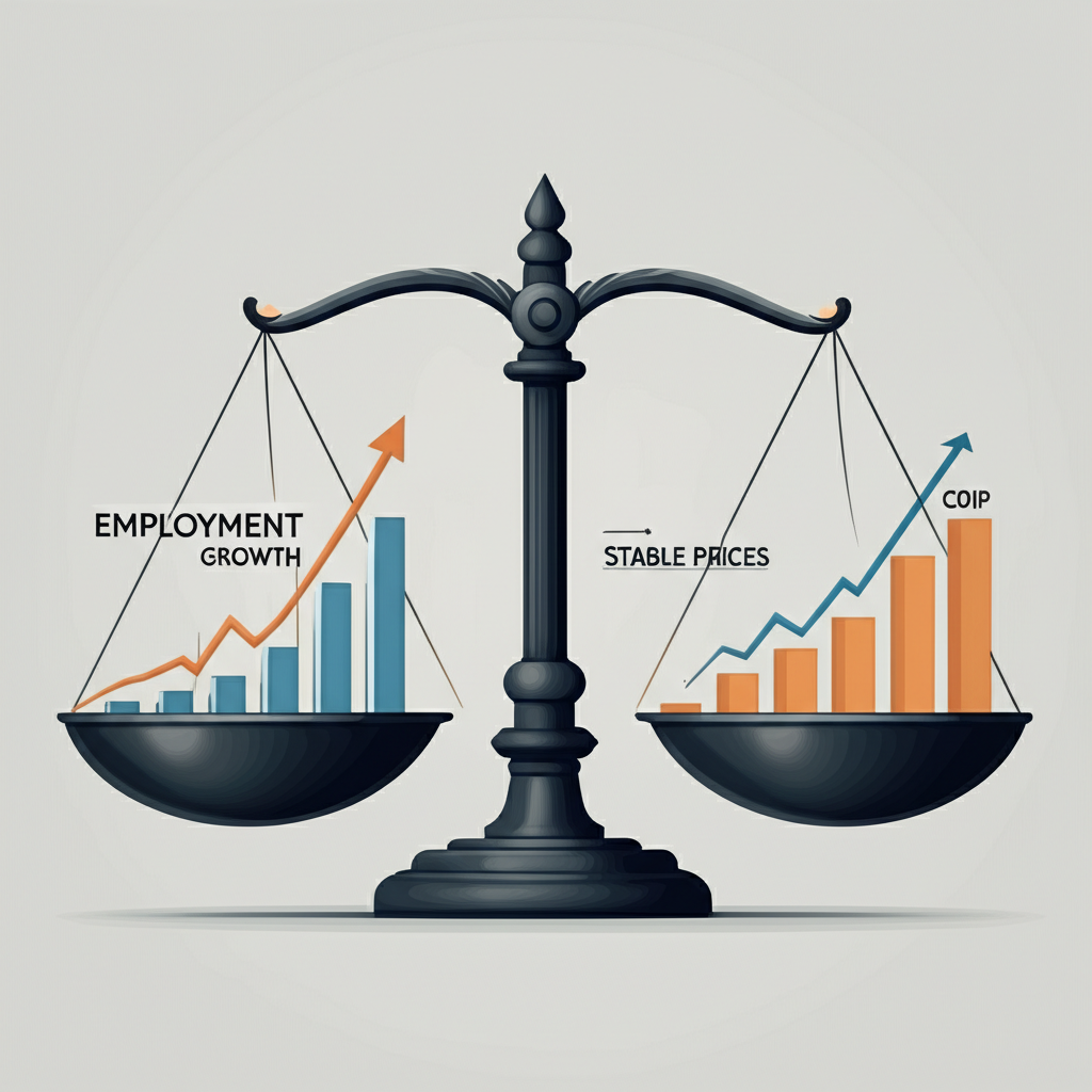 Balanced scale representing Fed's dual mandate with employment and price stability, integrated with <a href=
