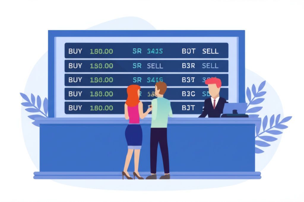 數字顯示美元兌人民幣買賣匯率與銀行換匯場景插圖，包含利潤邊際示意
