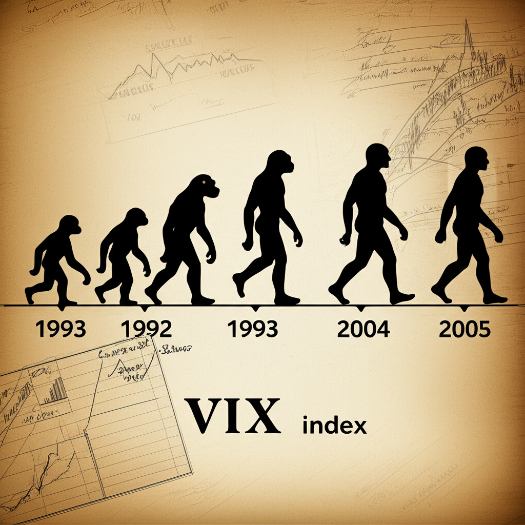 VIX指數從1993年起源到2003年修訂的演進插圖,包含舊金融文件與圖表