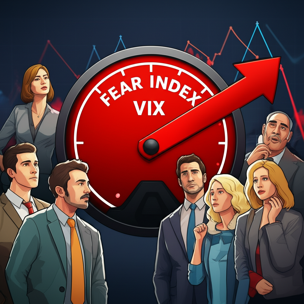 VIX恐慌指數上升警示圖,周圍環繞焦慮投資者和下跌股價走勢