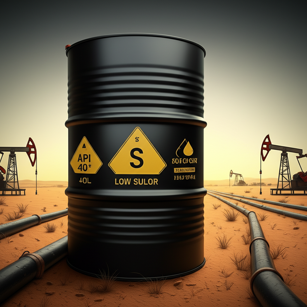 輕質低硫原油桶插圖顯示低硫和 API 重比，背景為沙漠油井與管線