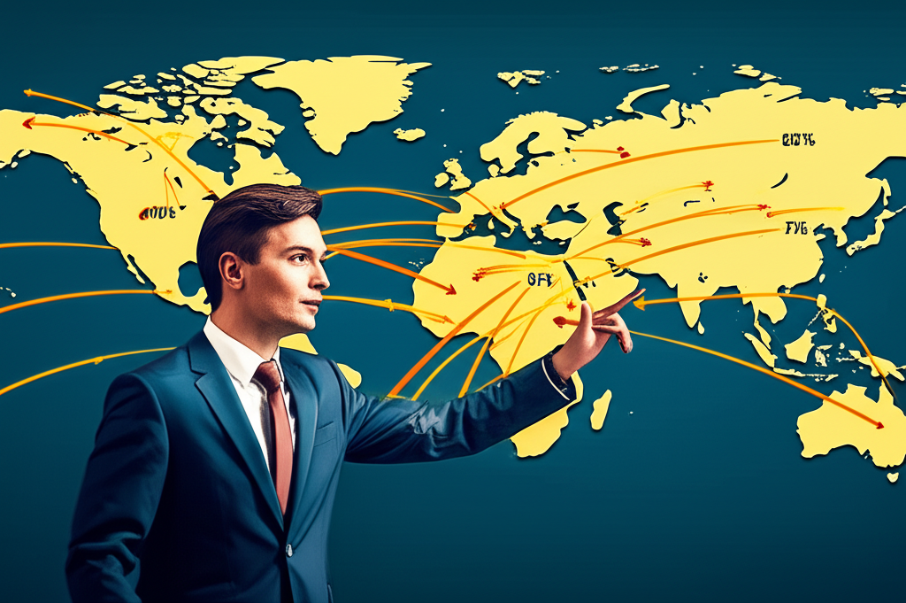 金融專家指向世界地圖,箭頭顯示貨幣流動與價值變化,預測2025趨勢的插圖