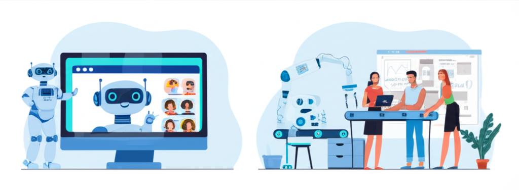 An illustration of a friendly chatbot assisting customers and robots automating repetitive tasks in a production line office workers focusing on creative tasks freed from mundane work