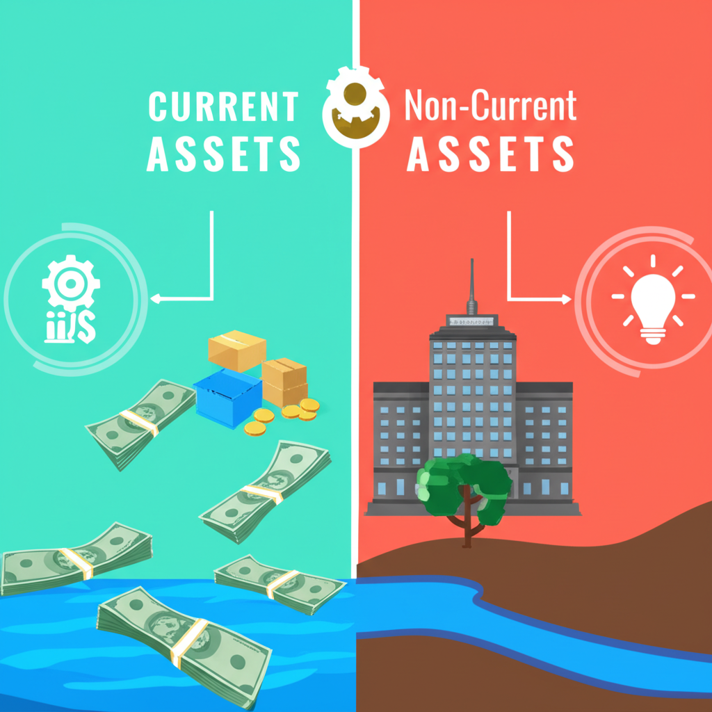 An illustration with a split scene one side showing a flowing river of cash and short term items for current assets the other side showing a solid building and a tree for non-current assets with distinct icons for tangible and intangible assets