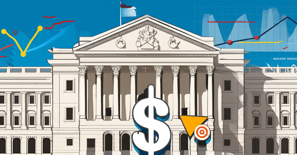 澳洲央行政策插圖:央行建築物配以利率調整與通膨目標圖表,影響澳幣符號