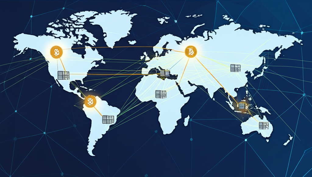 來自不同大陸的礦工和節點日夜同時處理比特幣交易的全球網路