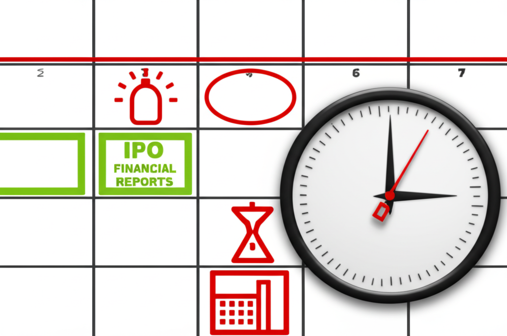 日曆標註 IPO、財務報告與增資日期,時鐘顯示資訊發布受限時間的插圖