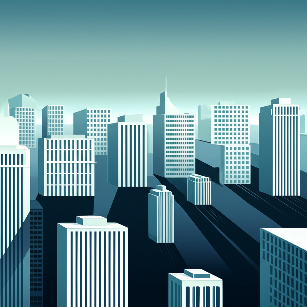 An illustration of a city skyline with small government buildings casting long shadows representing hidden local government financing vehicles LGFVs piling up unseen debts a metaphor for hidden risks illustration style