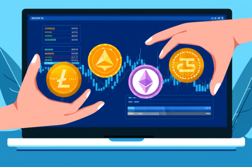 區塊鏈技術插圖,互聯加密區塊形成安全去中心化帳本,比特幣與以太幣符號顯現,代表主要加密貨幣