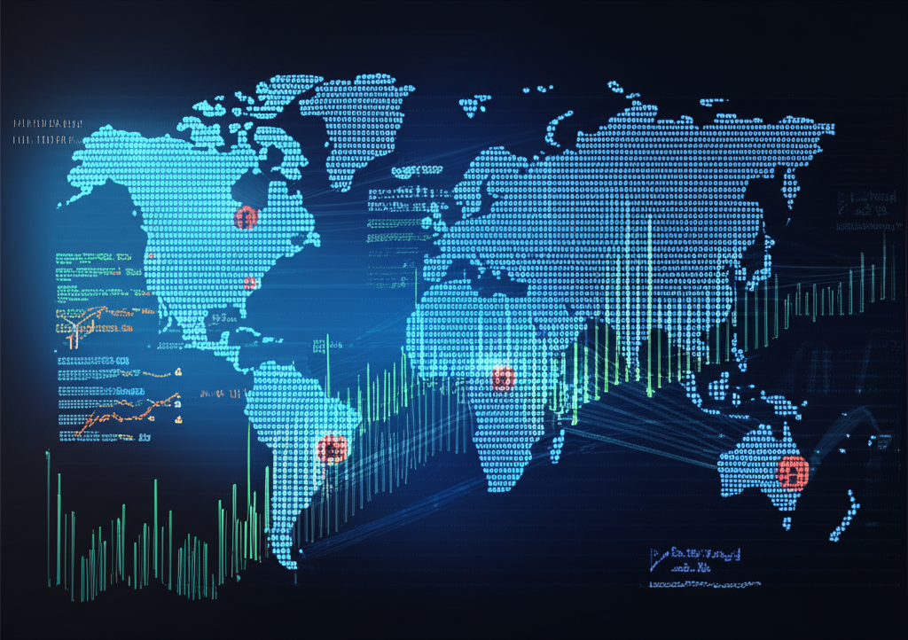 世界地圖標註亞洲、歐洲和美洲地區,顯示不同時段的加密貨幣交易圖表和數位資料流