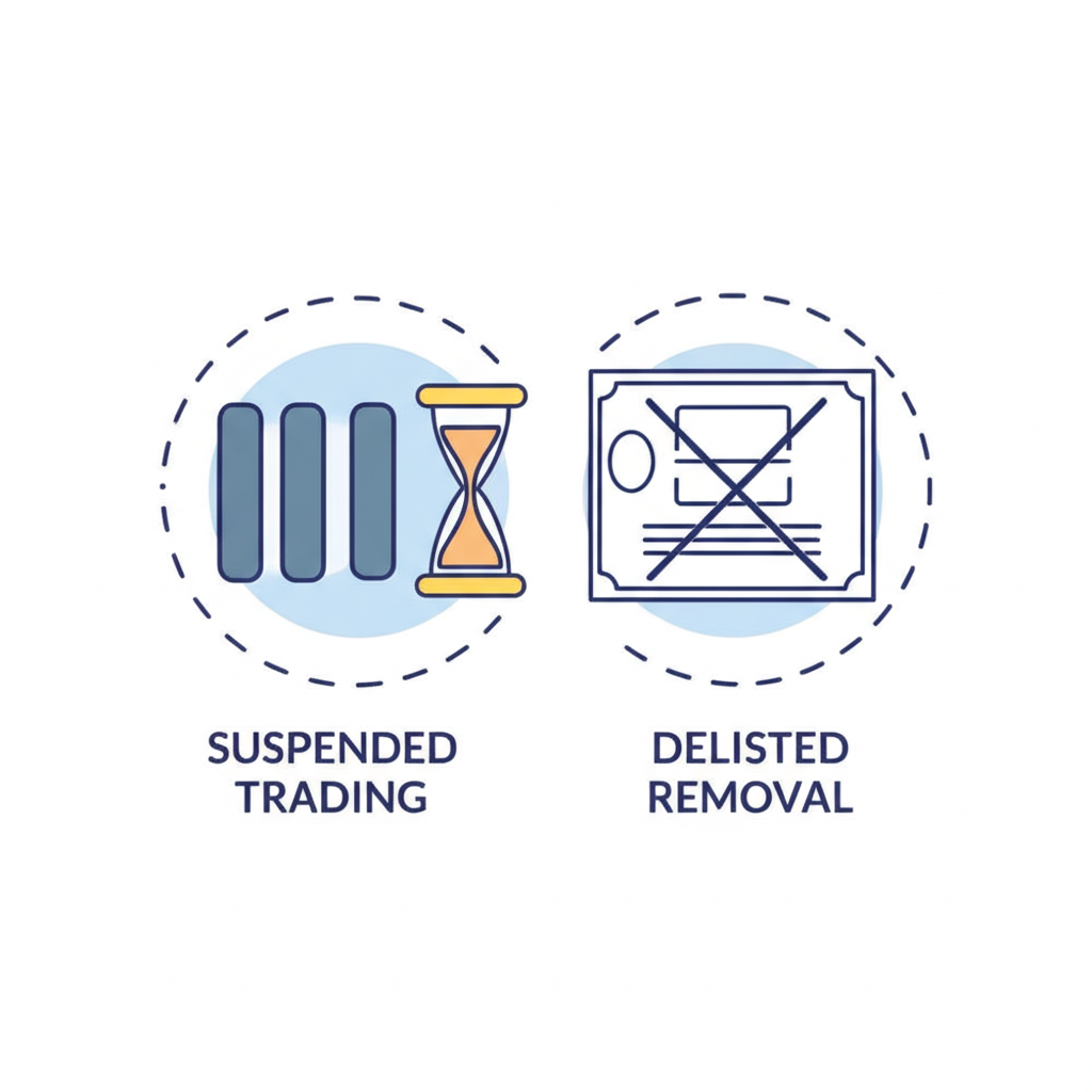 停止交易與股票下市的比較插圖，顯示暫停與永久移除差異