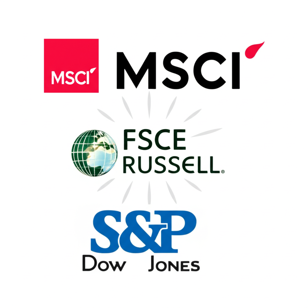 MSCI、FTSE Russell 和 S&P Dow Jones 三大指數提供者標誌，影響全球基金與ETF