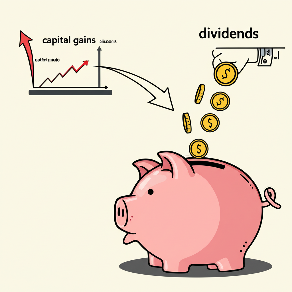 兩股資金流向大存錢缸的插圖,一股標示資本利得有向上趨勢箭頭,另一股標示股利有來自各來源的錢幣落下