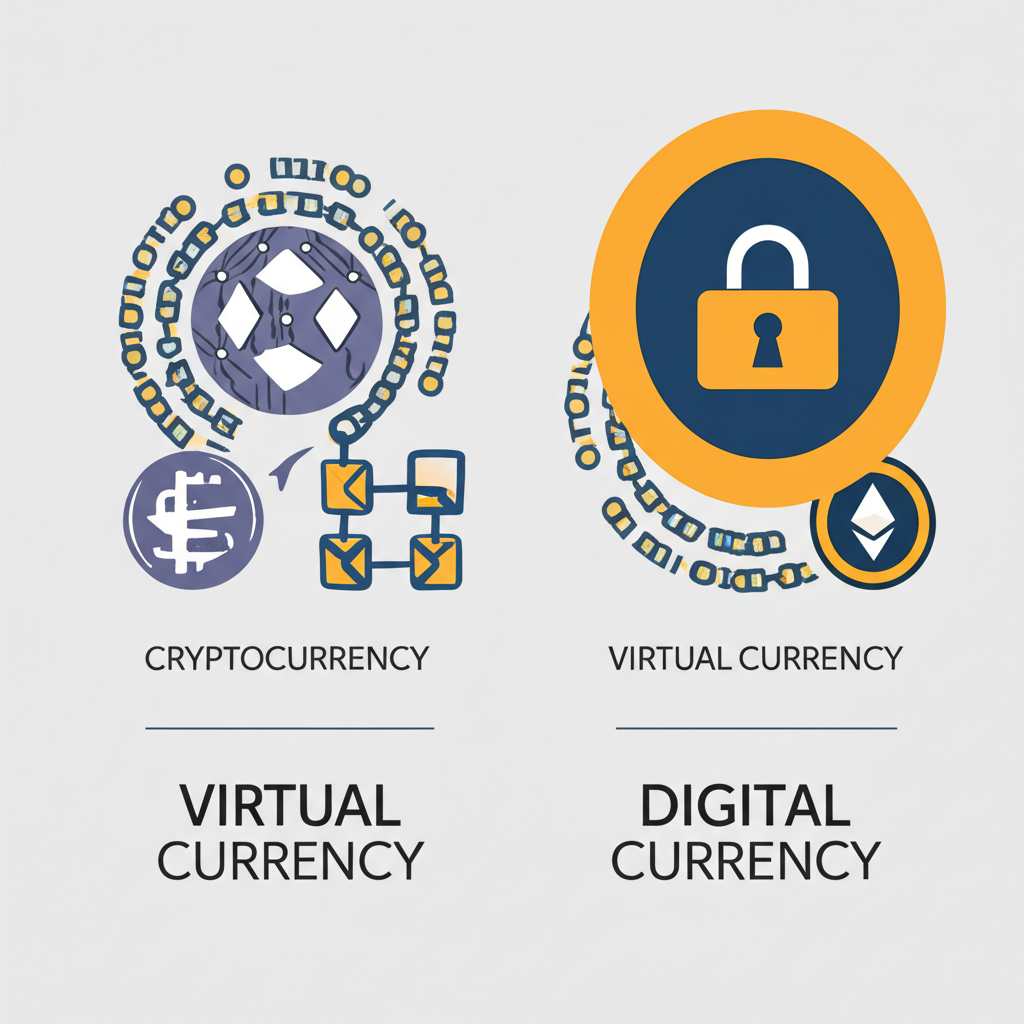 加密貨幣、虛擬貨幣與數位貨幣差異的插圖,使用加密與區塊鏈符號突顯加密貨幣獨特特徵
