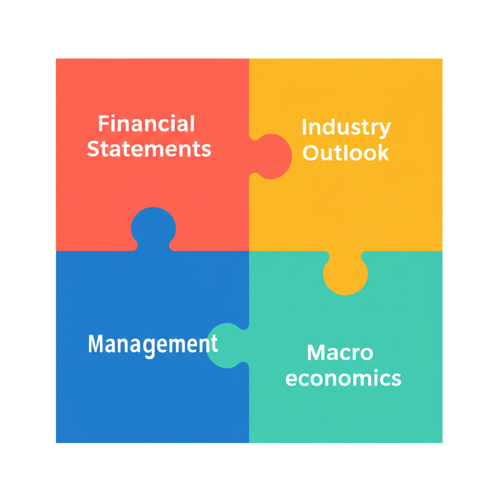 四塊互聯拼圖分別代表財務報表、管理、產業展望和宏觀經濟,形成公司完整圖像的插圖